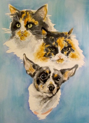 A portrait of my three lovely pets. A gift for my mother. 20" x 30".